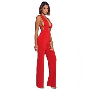NWT Hana Red Deep V Cut Out Stretch Crepe Jumpsuit - Miss Circle